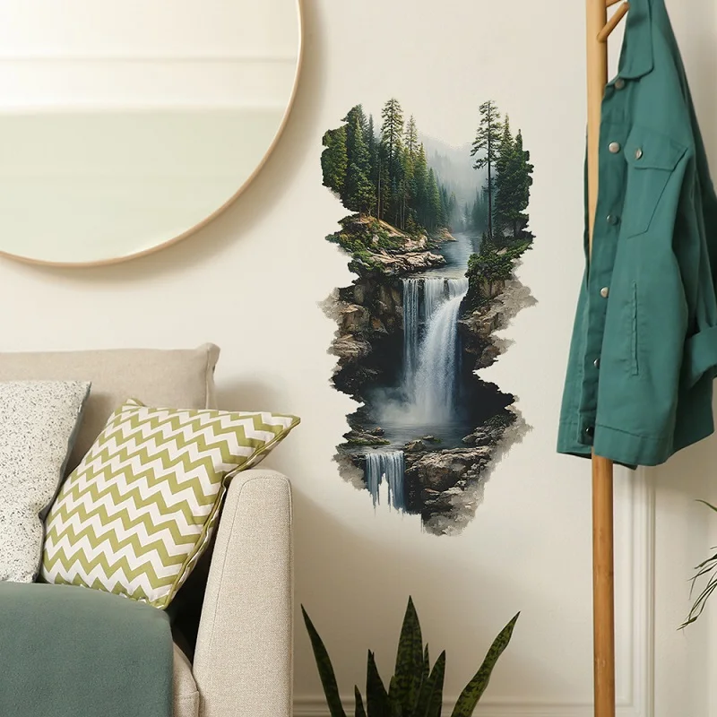High Mountains and Flowing Water Waterfall Forest Wall Sticker Self-Adhesive PVC Bedroom Living Room Entryway Decor Wall Decals