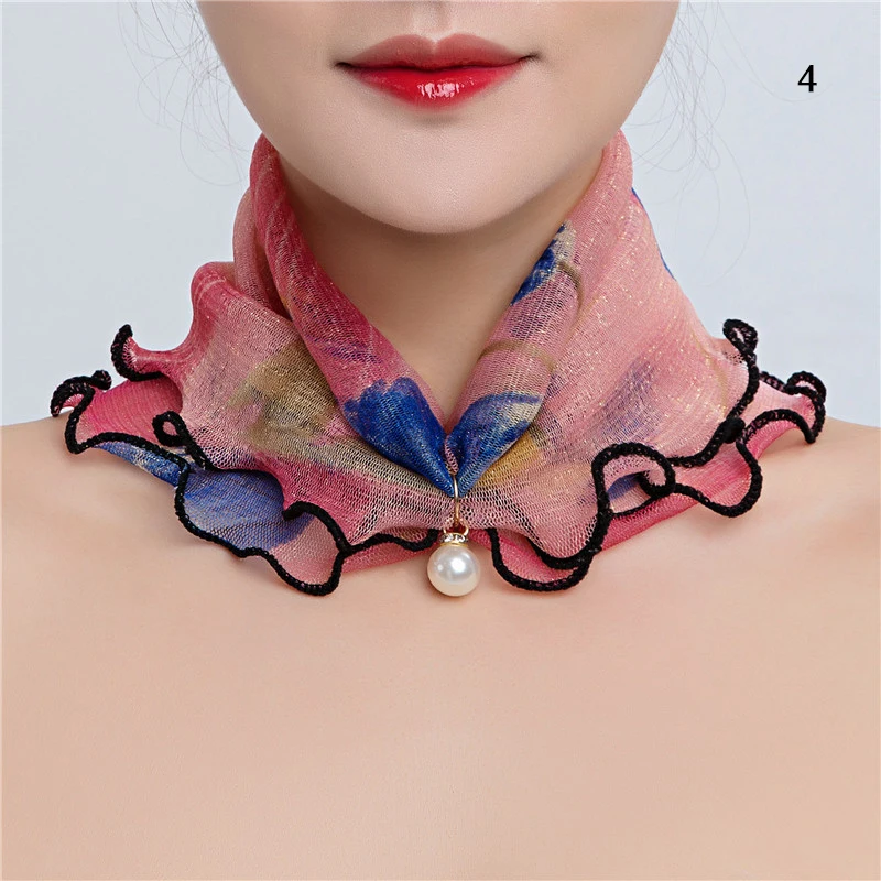 Bufanda de gasa de Organza con estampado brillante para el cuello, pañuelo de encaje con volantes, colgante de perlas, diadema, nueva moda