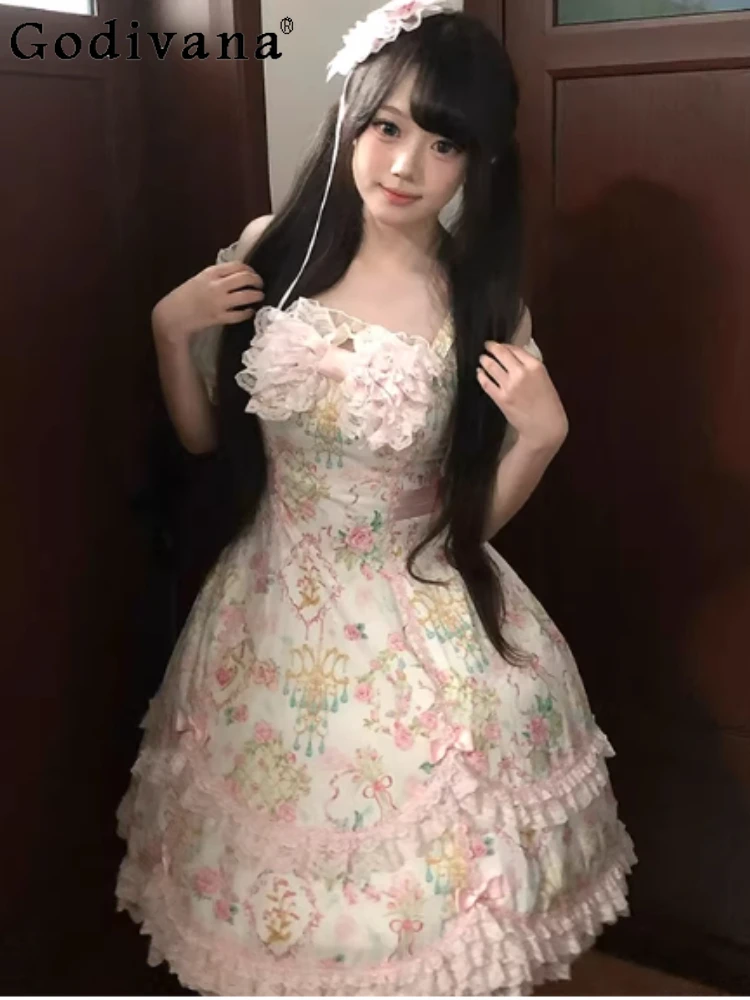 

Spring Summer New Pink Print Cute Sweet Lolita JSK Suspender Dress Fashion Versatile Age-Reducing Princess Sweet Cake Dresses