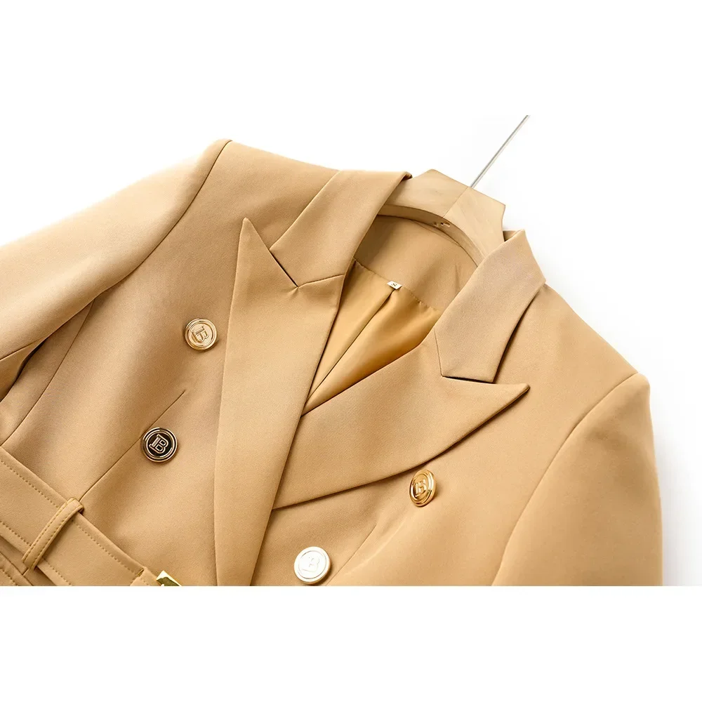 Khaki Frauen Anzug Blazer mit Gürtel Jacke weibliche Frühling Büro Dame tägliche Arbeit tragen Baumwolle Zweireiher Ballkleid Mantel Outfit