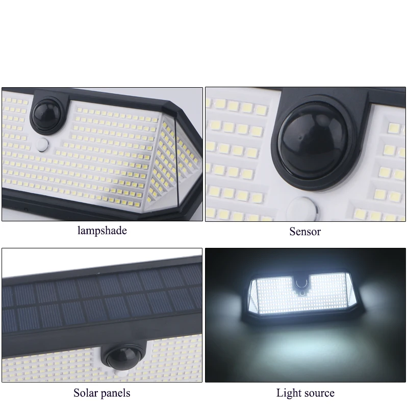 lampe solaire exterieur detecteur mouvement,lampe solaire exterieur,Lampe murale solaire 388LED réverbère extérieur avec capteur de mouvement humain et 3 Modes de travail IP66 imperméable cour jardin route