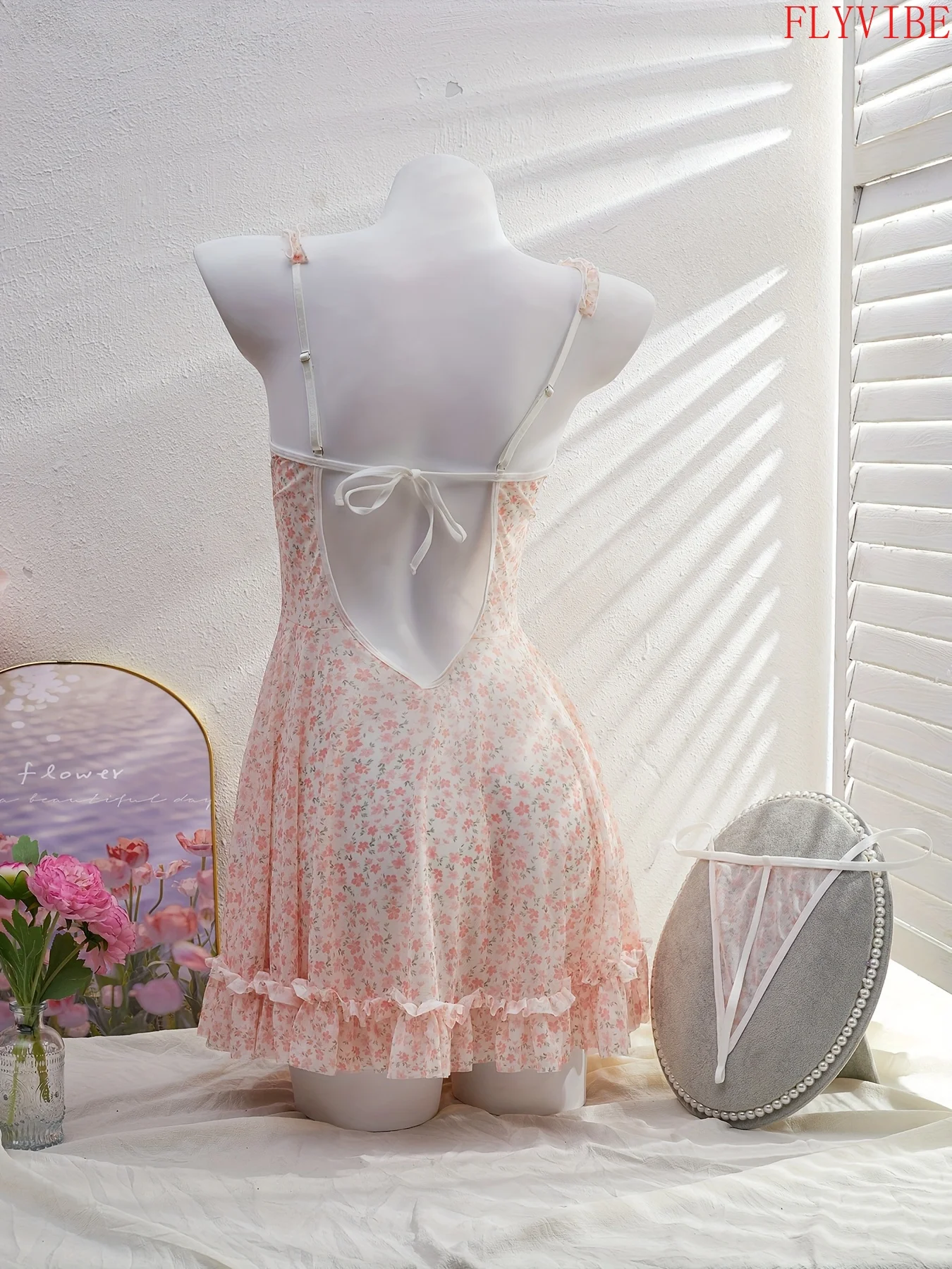Women Floral V Neck Bow Pleated Ruffle Lingerie Set Fresh Pure Sexy Backless Intimate Underwear Bedroom Nightwear
