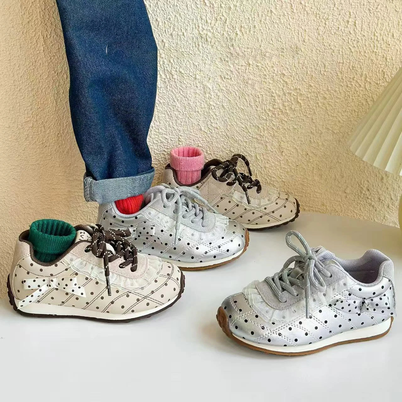 

Toddler Kids Polka Dot Retro Sneakers Breathable Lace-Up Casual Shoes Soft Sole Non-Slip Walking Shoes for Boys Girls