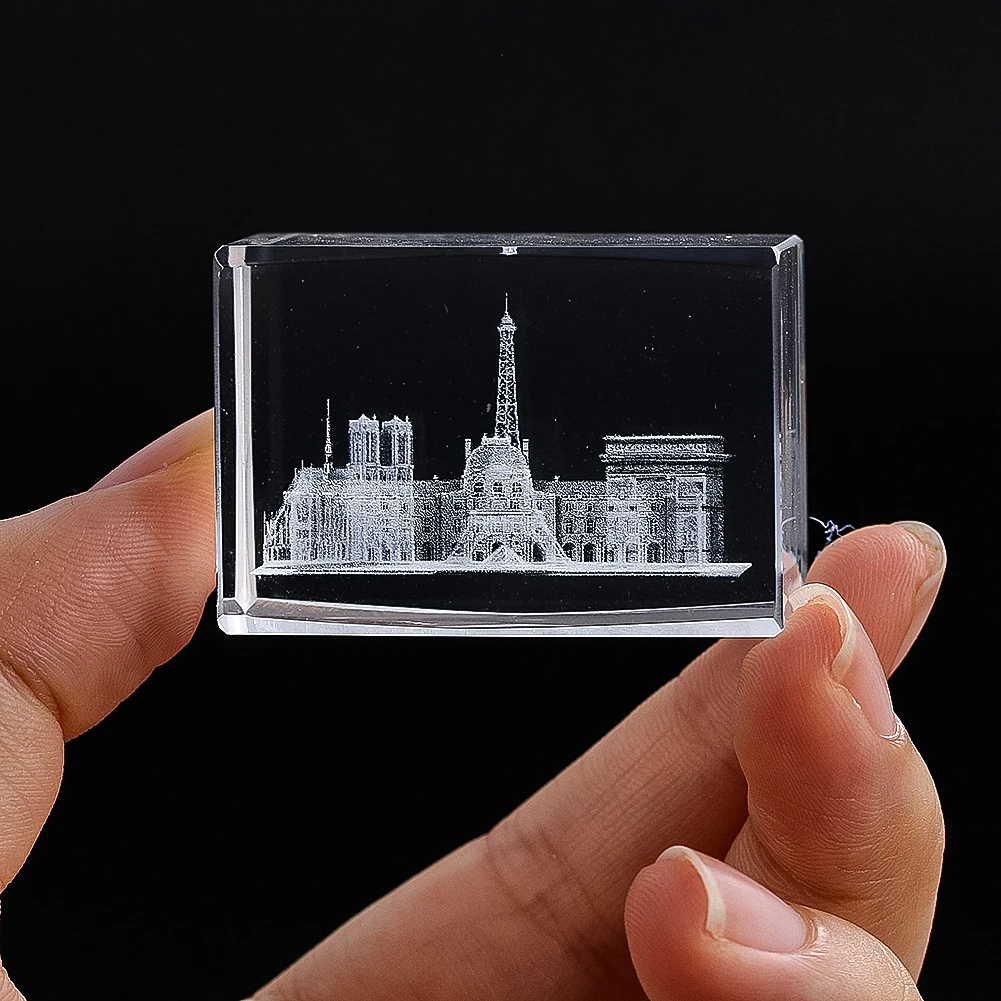 3D Laser Engraving Crystal Cube Mini Building Model Carved Inside Desktop Miniature Ornaments Home Decoration Paperweight Gifts