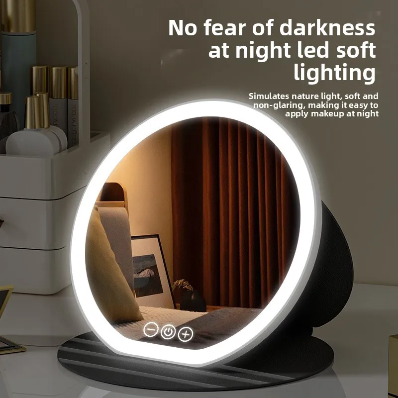 22cm Round LED Makeup Mirror 3 Color Light Touch Control Adjustable Brightness Desktop Vanity Mirror for Bedroom