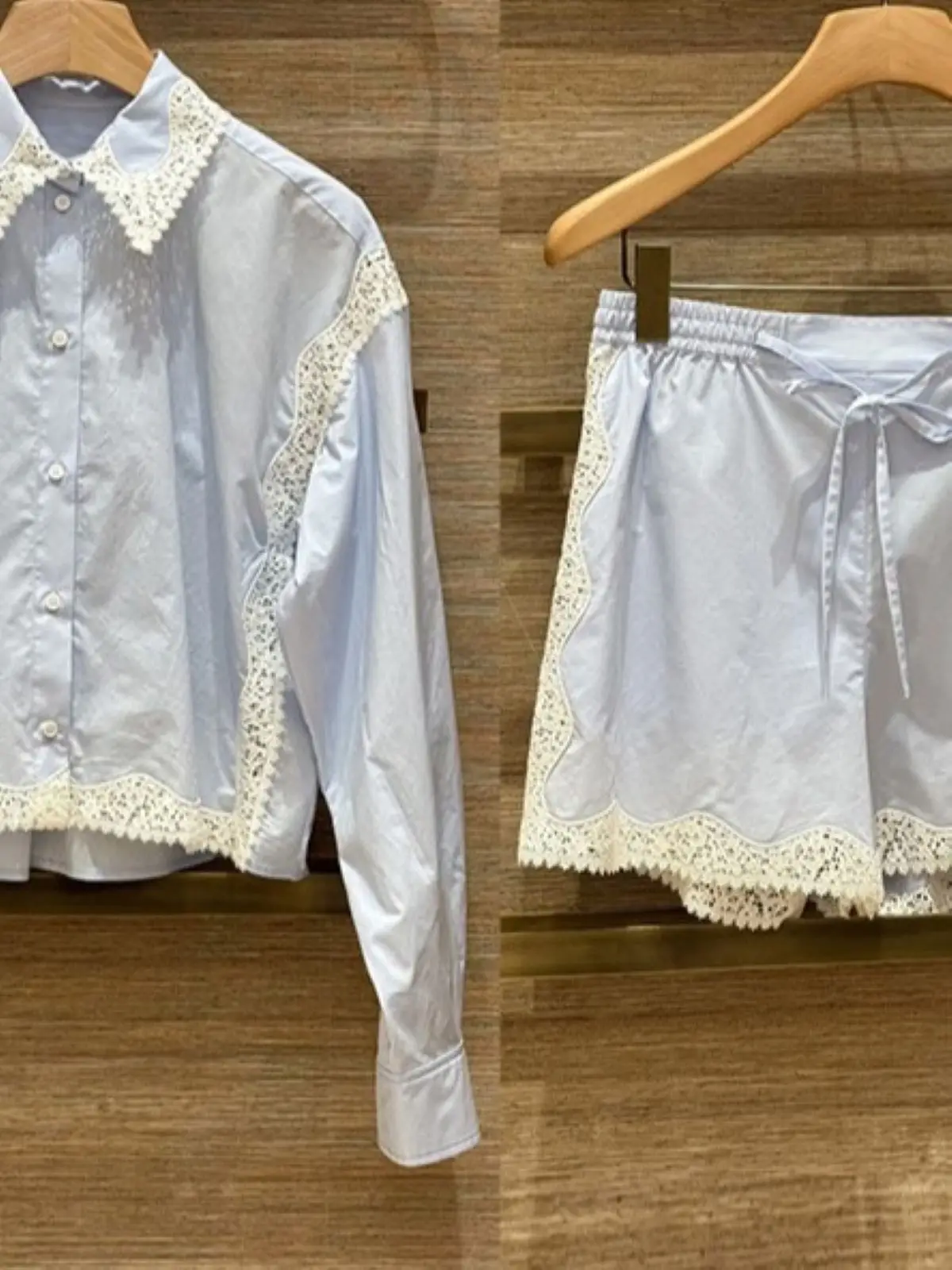 

Spring/Summer Women Turn-down Collar Long Sleeve Lace Trim Solid Set Single Breasted Shirt + High Waist Drawstring Shorts