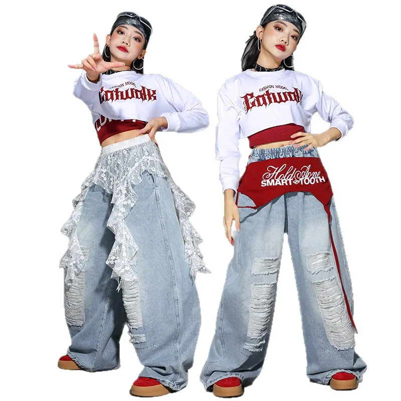 Hip Hop Jazz Street Dance Performance Outfits White Tops Red Veat Cargo Pants Child Fashion Kids Clothes Set Kpop Stage Wear