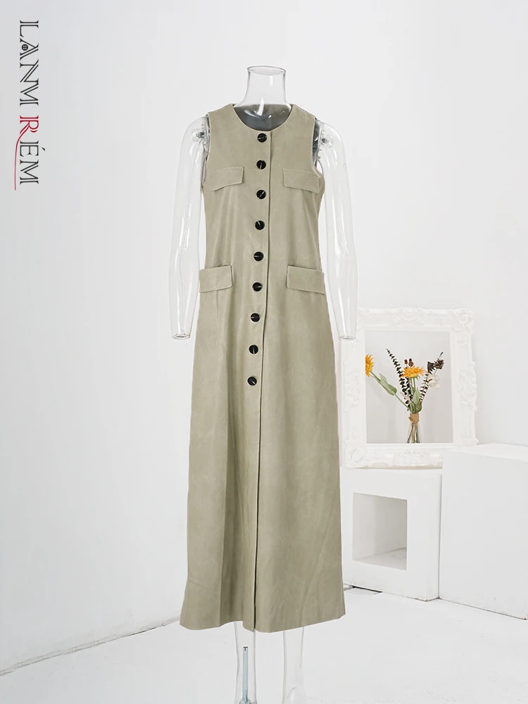 

LANMREM Casual Sleeveless Long Dress Women Round Neck Single Breasted Solid Color Dresses Fashion 2024 New Clothing CPG2259