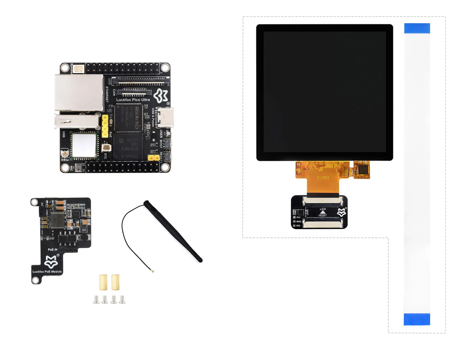 Luckfox Pico Ultra W LCD Kit C,With Wireless and PoE Module,With 480x480 4inch Touch Display,RV1106 Linux Micro Development Boad