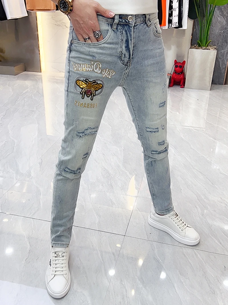 

Trendy Men's Slim Fit Jeans Summer 2025 Embroidery Hollow out Thin Lightweight Casual Long Pants Straight Leg Jeans