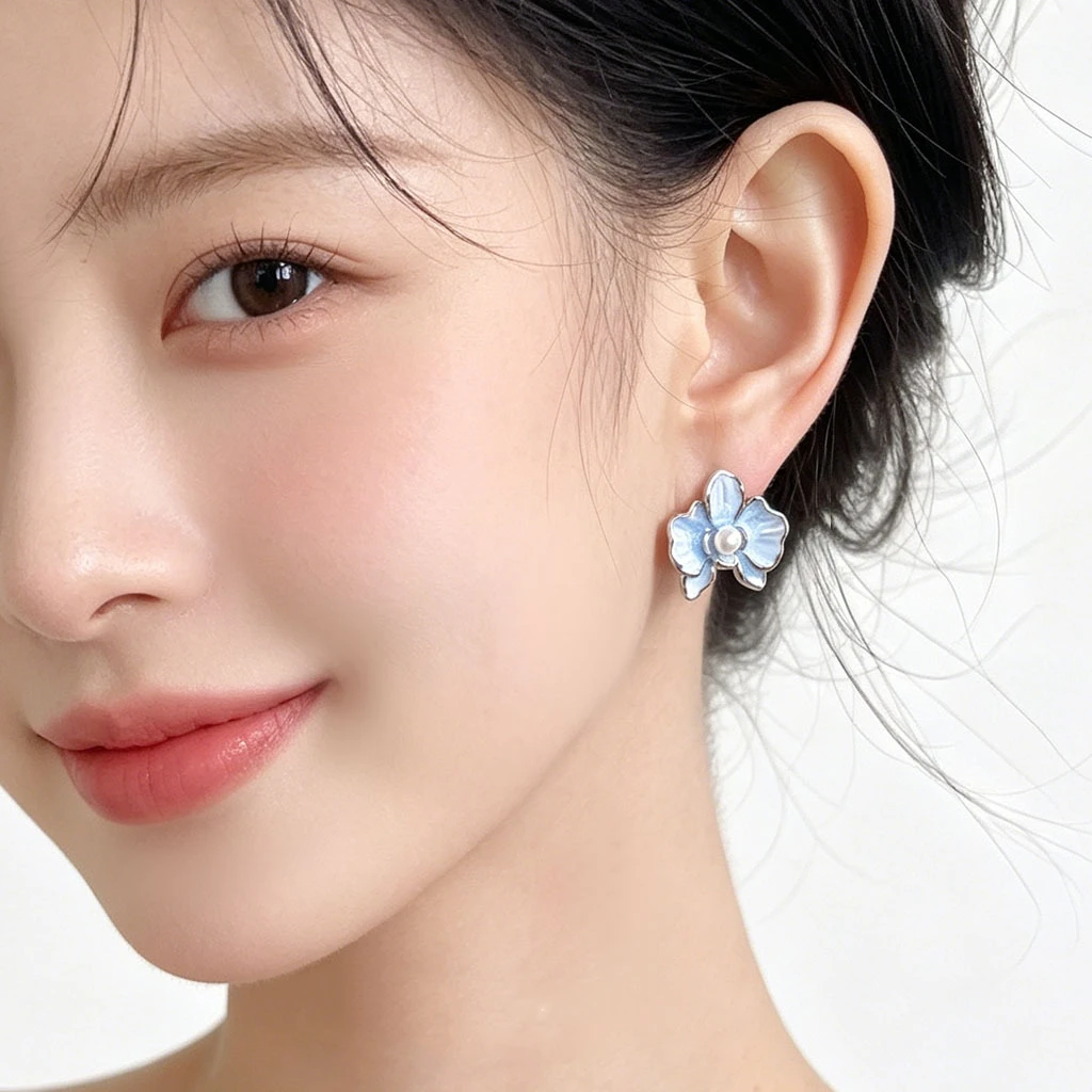 Light Blue Enamel Handmade Flower Pearl Stud Earrings For Women Elegant Fresh Daily Jewelry Gift