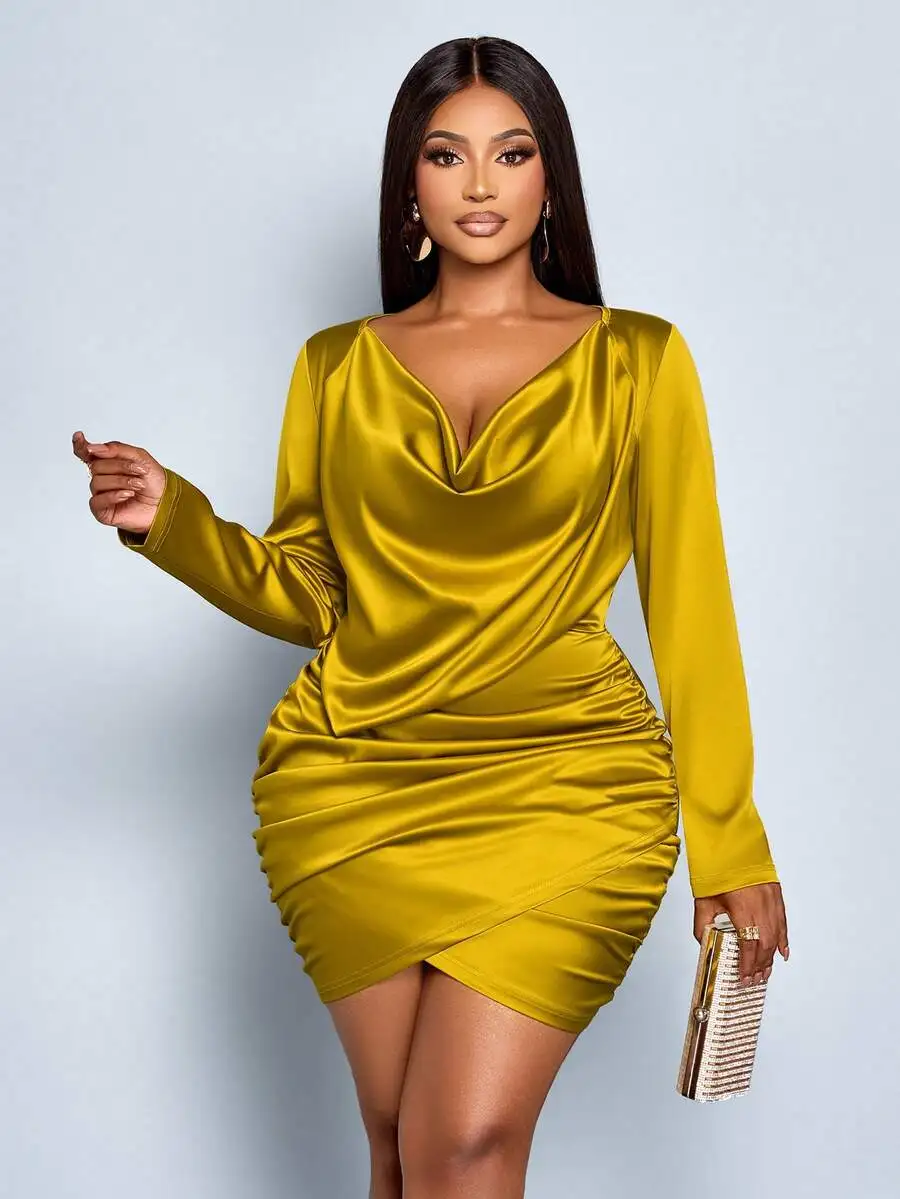 

Mustard Satin Long Sleeve Bodycon Dress with Draped V-Neck and Ruched Waist