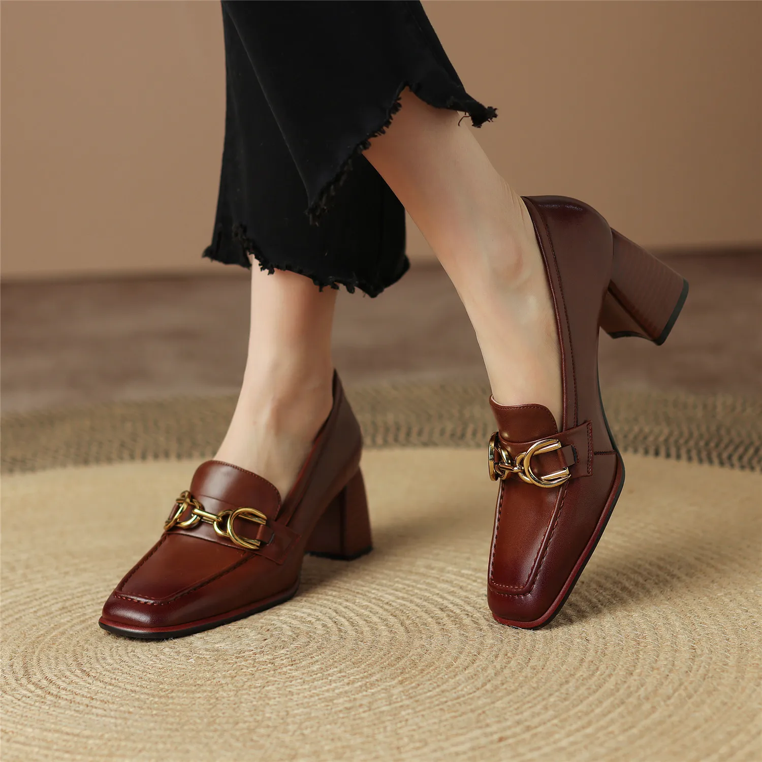 Women Sheepskin Pumps Spring Thick High Heels Genuine Leather Pigskin Insole Lining Ladies Luxury Brand Shoes Plus Size 41 42