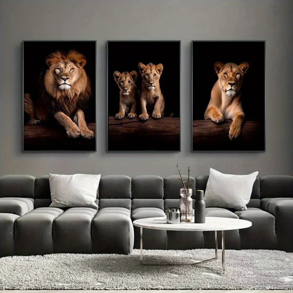 (No frame)2D Flat, 2D/FLAT 3pcs Lion Family Canvas Art, Frameless African Animal Wall Decor for Living Room – Modern Minimali