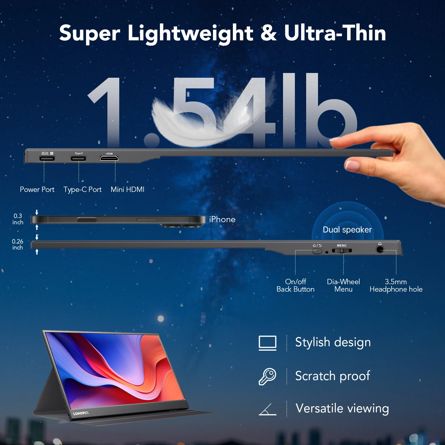 شاشة محمولة 15.6 بوصة 1080P FHD IPS شاشة عرض الألعاب مع USB-C وHDMI، شاشة ثانية خارجية رفيعة للغاية