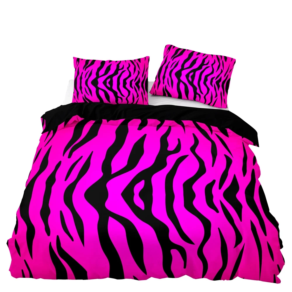 

Gorgeous Pink Bedding Set Tropical Style Quilt Cover Black Leopard Strip Cover and Pillow Case 3D Print 240*220 Double King Size