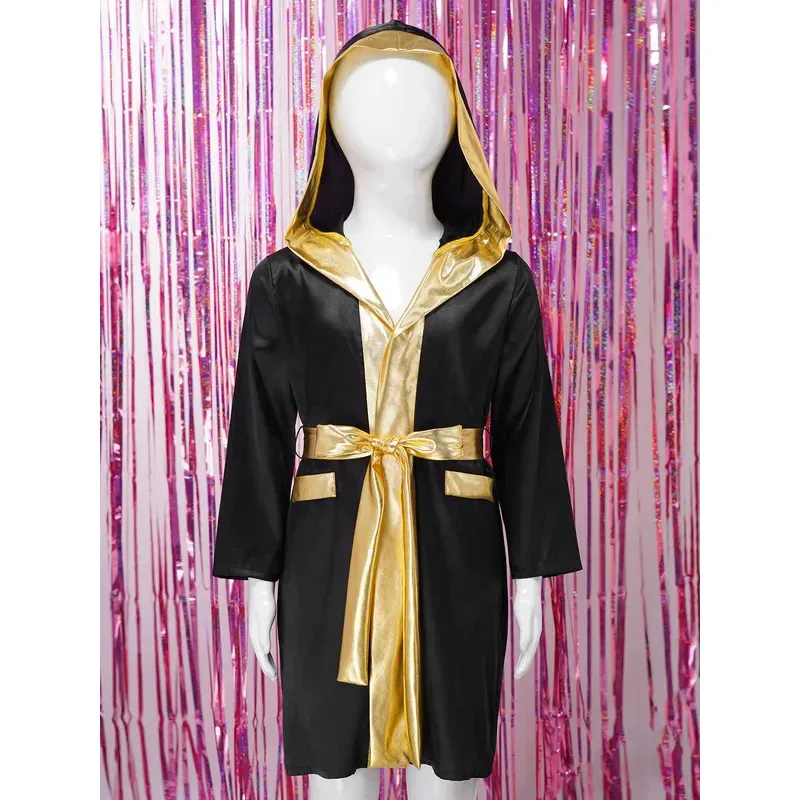 Kids Boys Boxing Robe Halloween Party Boxer Cosplay Costume Long Sleeve Open Front Metallic Trim Satin Hooded Cloak with Belt FH