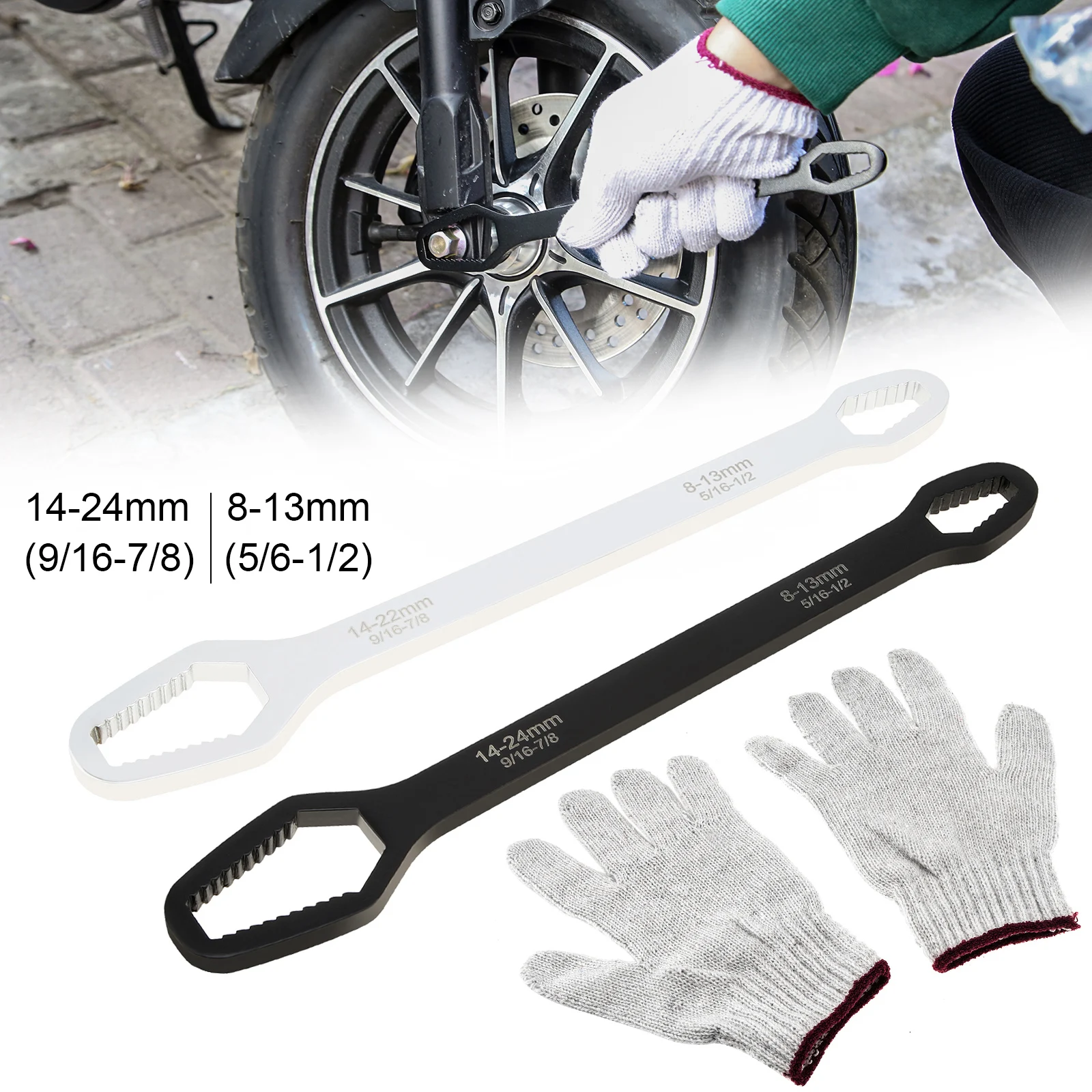 

2pcs 8-22mm Universal Double-ended Torx Wrench Set with A Pair of Gloves, Self-tightening Adjustable Wrench Tool