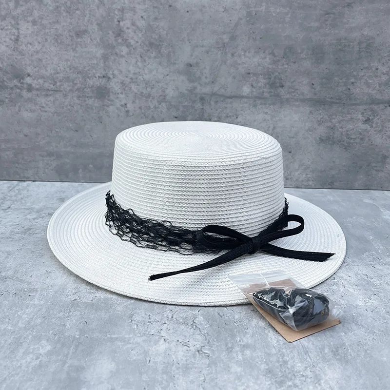 Women veil Bow Fascinator Hat Wide Brim Straw Hats Flat Top Boater Hat Ladies Church Wedding Party Hat Derby Vocation Beach Hat