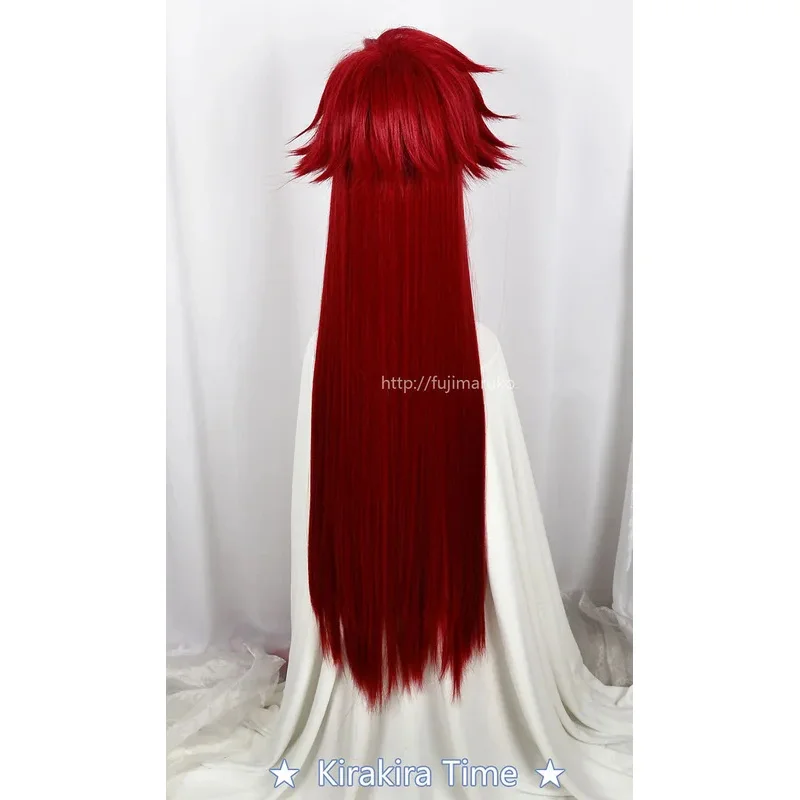 LQKuroshitsuji 블랙 버틀러 그렐 수틀리프 레드 롱 스트레이트 내열성 헤어 코스프레 의상 가발 + 해골 체인 안경