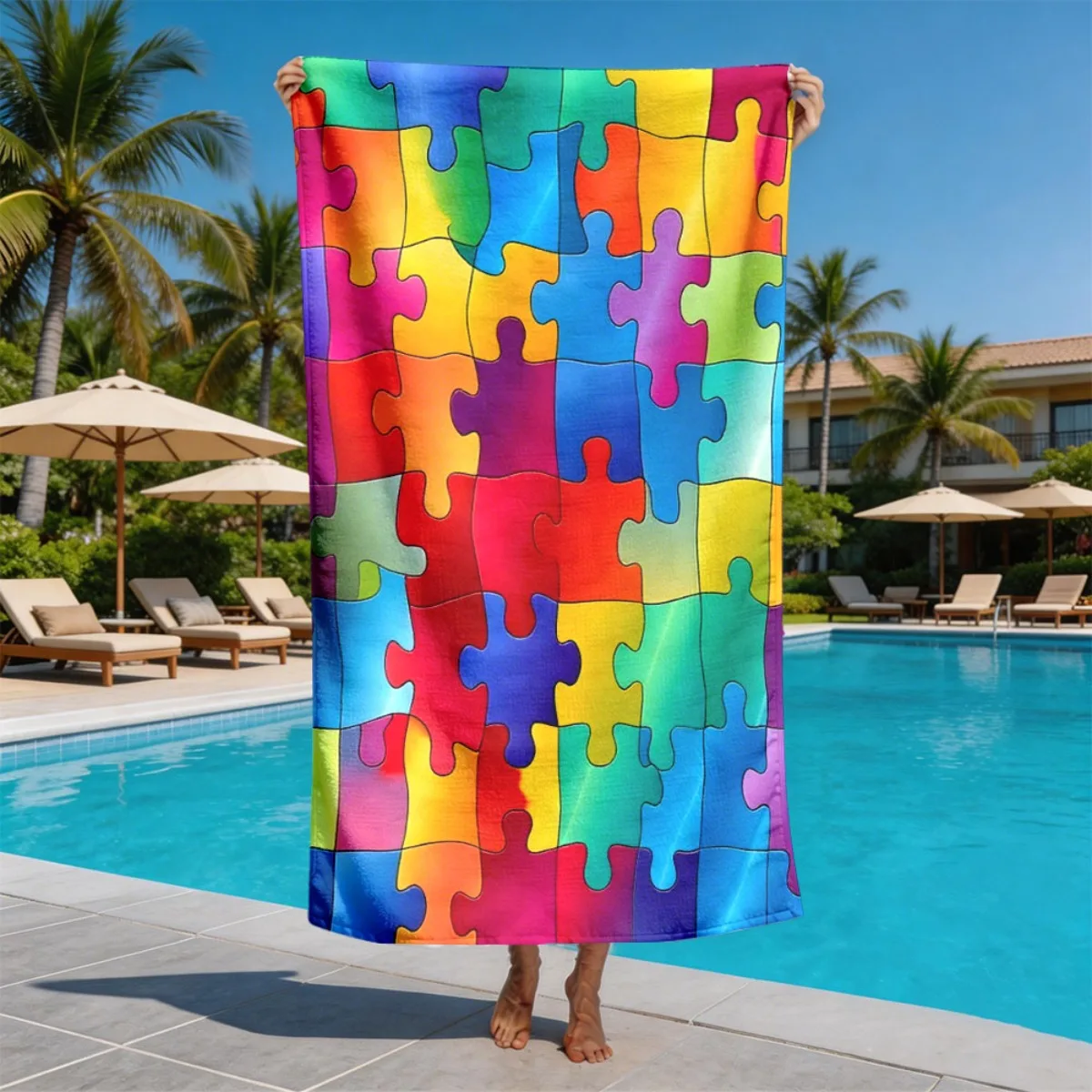 Watercolor mosaic pieces assembly polyester microfiber beach towel is highly absorbent, suitable for swimming and beach outings