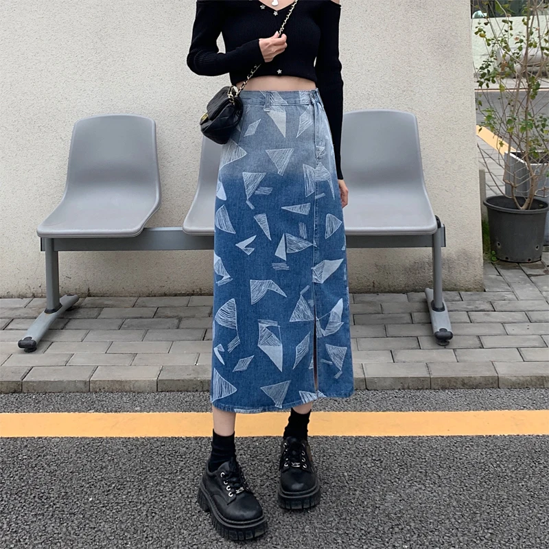 

Autumn/Winter Korean version of niche design gradually changing color high waisted denim skirtoversized wrapped one step skirt