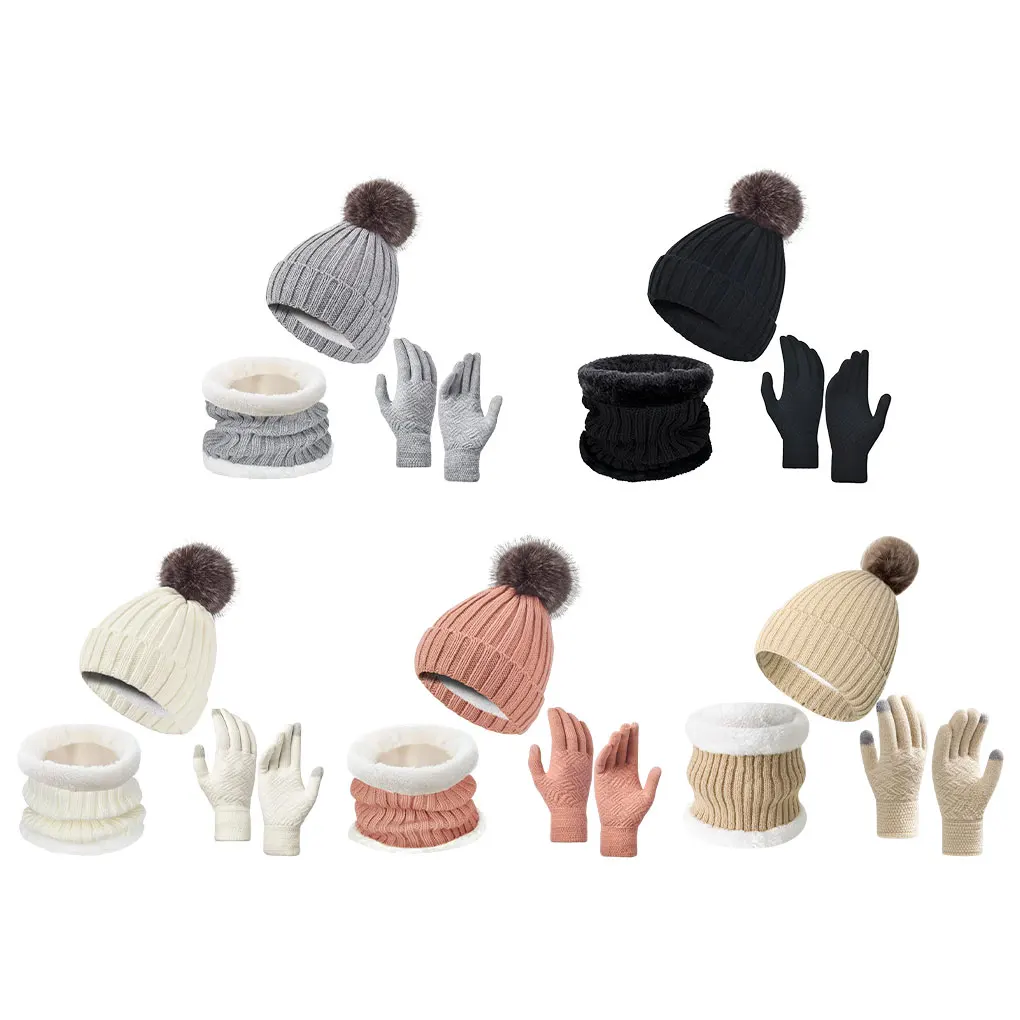 Brand Winter Knitted Scarf Hat Gloves Set Thick Warm Beanies Hats for Women Solid Outdoor Snow Riding Ski Bonnet Caps Girls