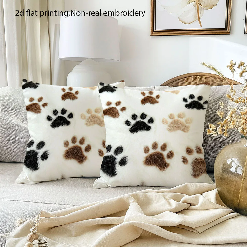 2pcs Cute Paw Print Faux Fur Throw Pillow Covers Soft Plush Cushion Cases for Pet Lovers Home Decor
