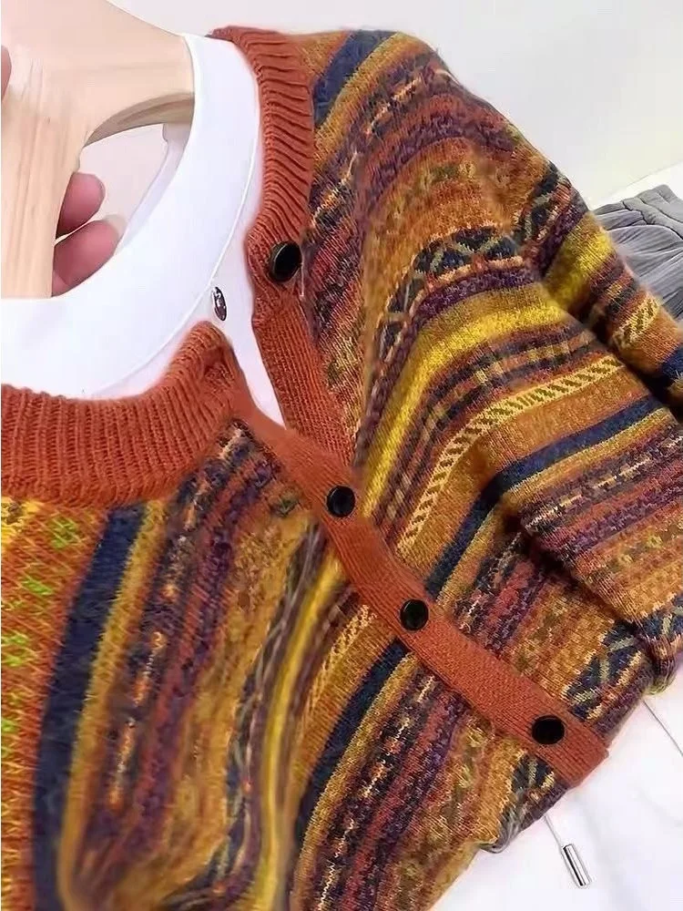 

Fall Pumpkin Orange Wool Knitted Long Sve Cardigan Vintage Striped Lazy Sle Design Sensation Faionable Women's Sweater