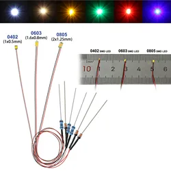 Evemodel 10 szt. Wstępnie okablowany 0402 0603 0805 LED SMD światła 50cm przewód z rezystorem do 12V AC DC jasny ciepły czerwony niebieski zielony żółty