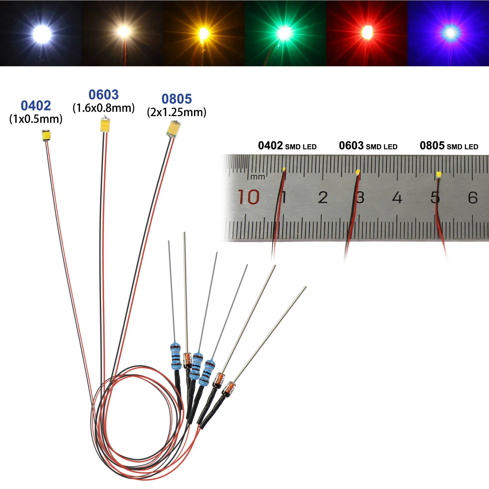 Evemodel 10szt Wstępnie okablowane 0402 0603 0805 SMD LED Lights 50cm Wire with Resistor for 12V AC DC Bright Warm Red Blue Green Yellow