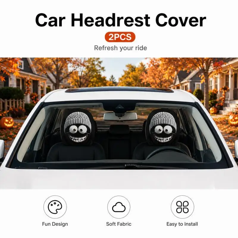2PCS Gray Smile Print Car Headrest Covers, Polyester Seat Decor, No Filler, Easy Install, Universal Auto Interior Gift