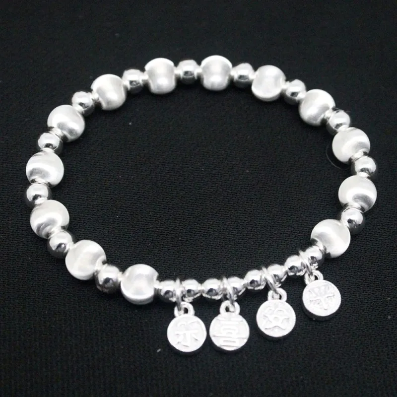 Real Pure 999 Fine Silver Chain Women 7mm Cat's Eyes Beads Round Bracelet 20-21g