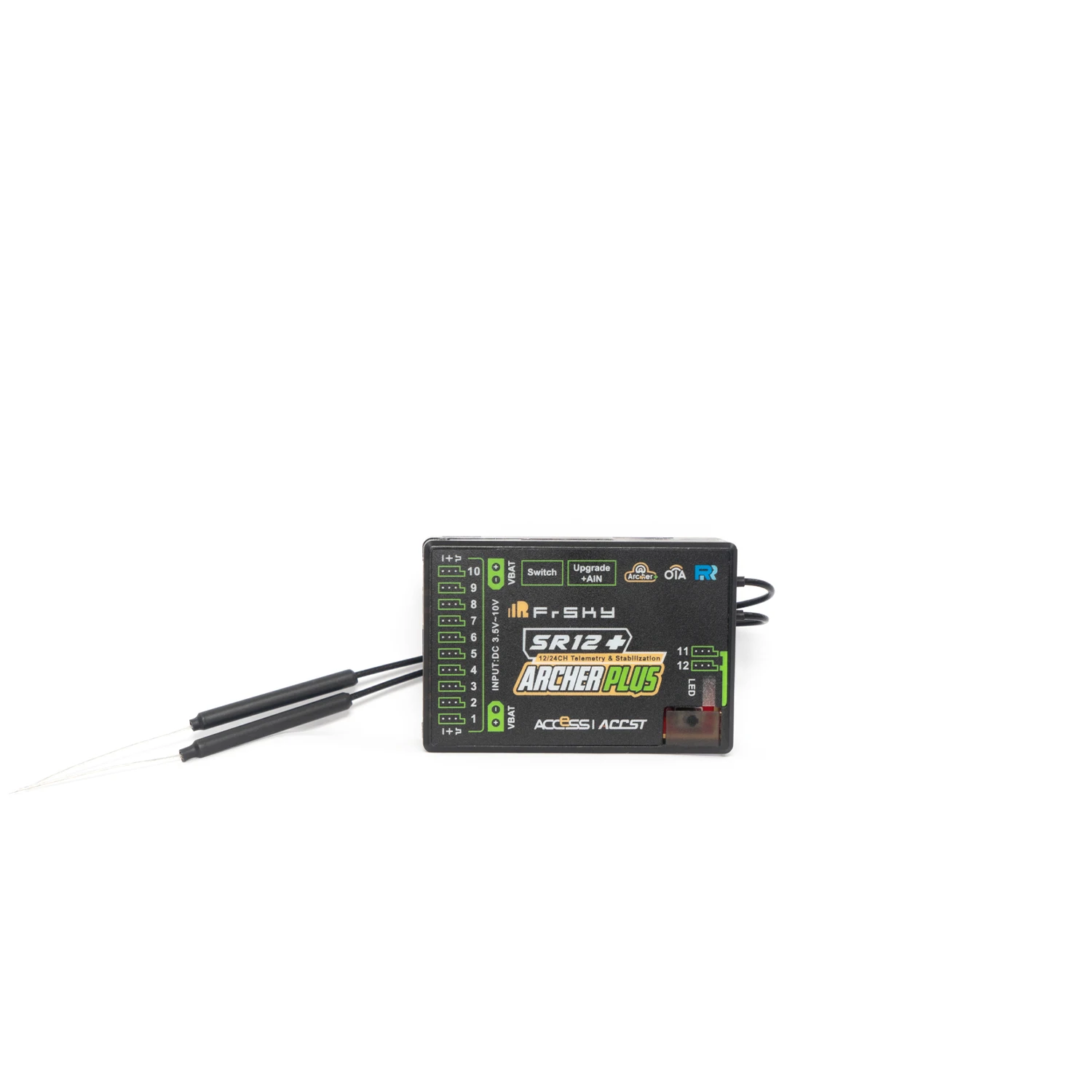 FrSky Archer Plus SR12+ Receiver 12 Channels Built-in 3-Axis Gyro & Accelerometer Multiple Flight Modes Dual Detachable Antennas Full-Range Signal SBUS in Redundancy XT30 Dual Power Telemetry Support