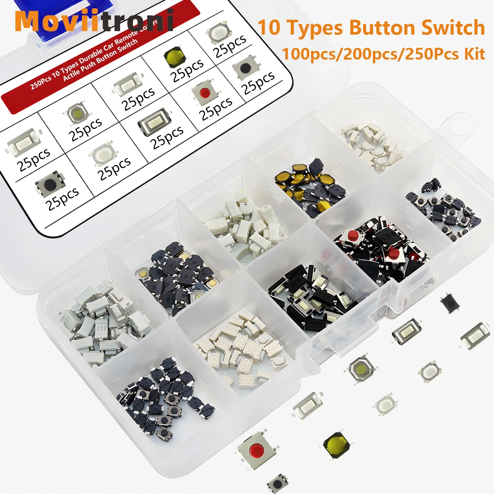 100/200/250pcs 10 Types Tactile Push Button Switch Kit Durable Car Remote Control Tablet Actile Switch for Car Keys Microswitch