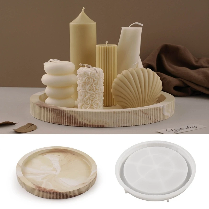 Round Storage Tray Mold Stripe Round Dish Mold Flowerpot Base Silicone Mold for Resin Concrete Cement Tray DIY Durable