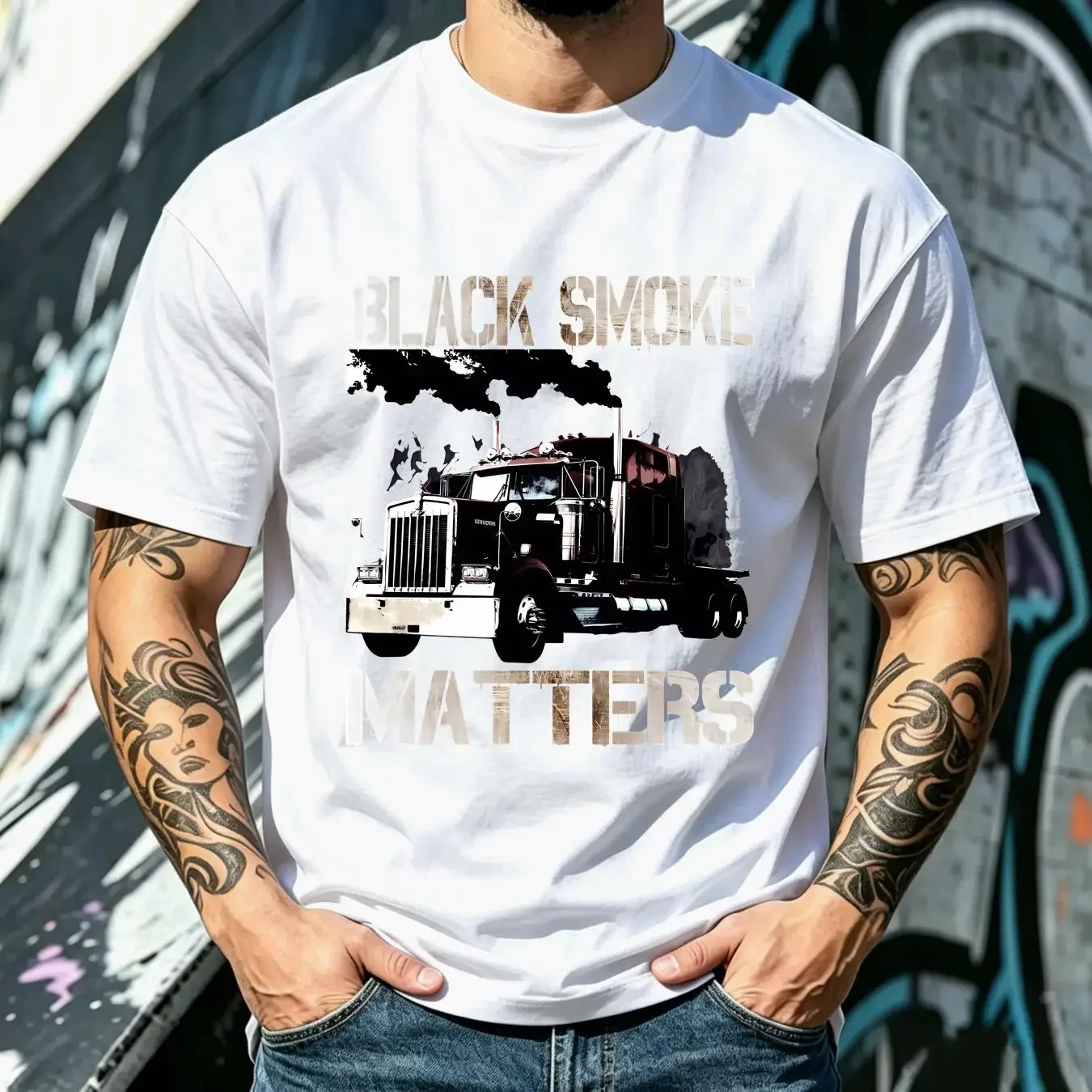 washed T Shirt Black Smoke Matters Trucker Tractor Trailer 18 Wheeler vintage Washed graphic designer clothes Comfortable homme