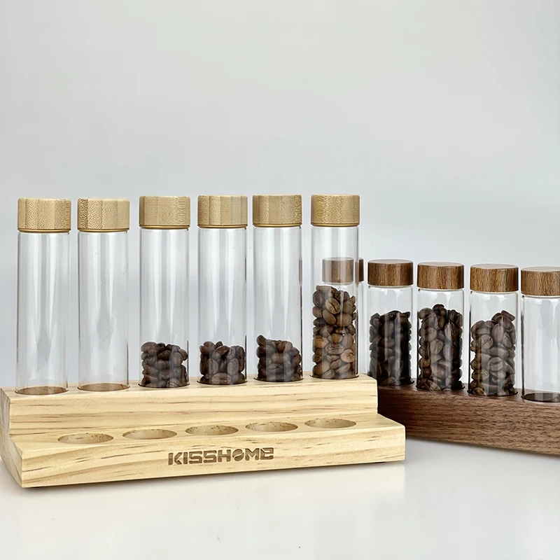 Coffee Beans Storage Container Display Rack Walnut Coffee Tea Tube Bottle Glass Espresso Coffee Accessories Tools Coffeware Sets