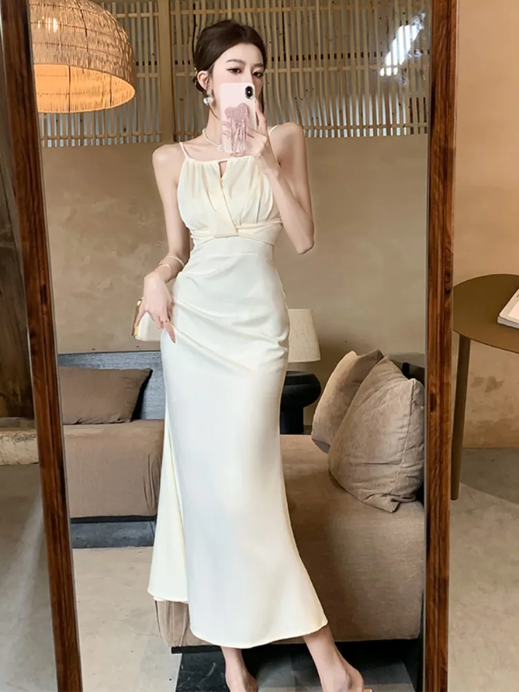 Summer 2025 New Vintage ter Ne Strap Dr Women's Satin Fi Tail High-End Long Design Sensation Gown