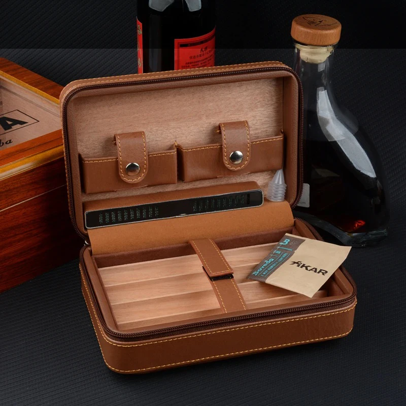 PU Leather Cigar Case Portable Cigar Humidor Cedar Wood Travel Cigar Box W Humidifier Cuban Cigar Holder W Humidity Bag C Logo