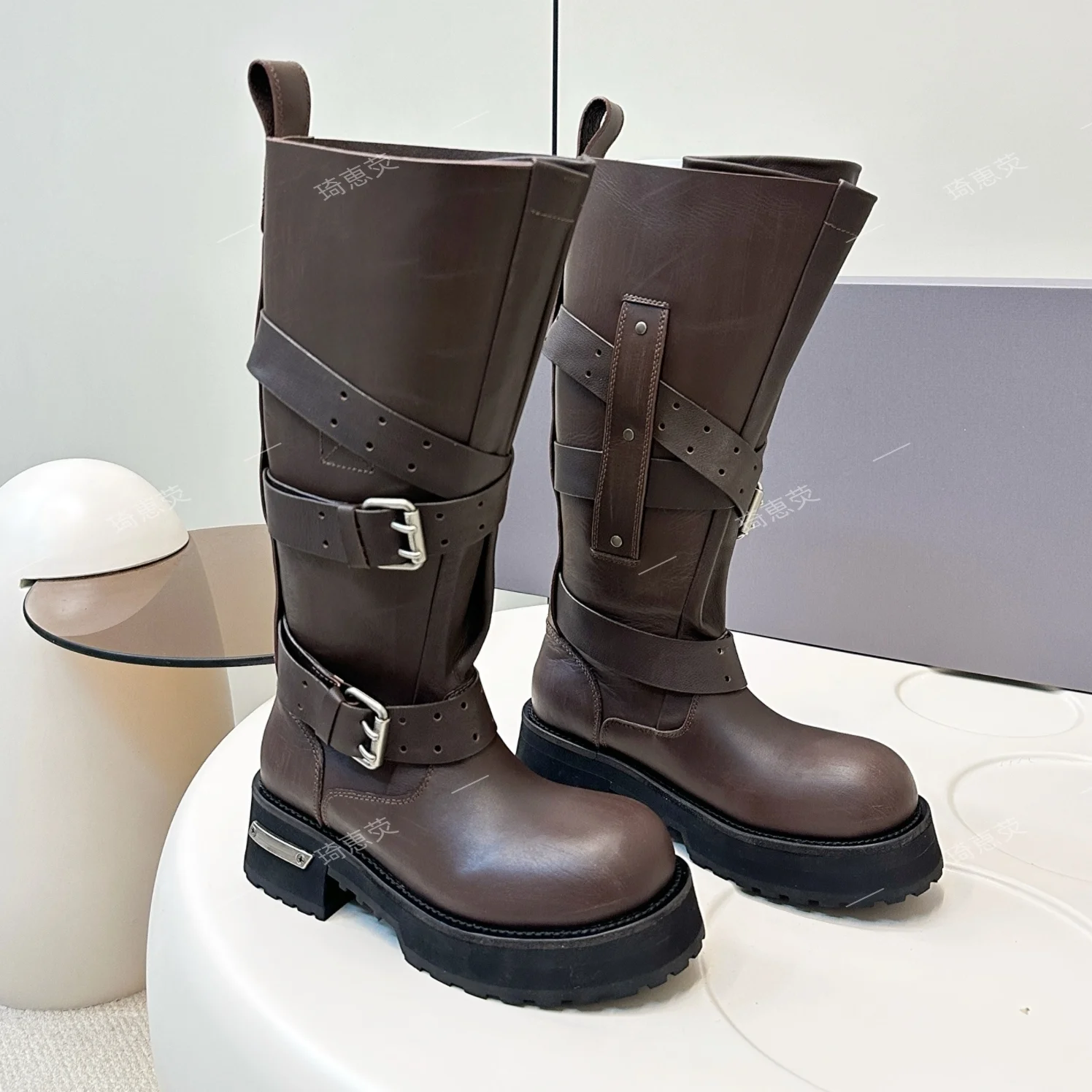 British-Style Genuine Leather Platform Riding Boots Autumn Retro Wide-Toe Thigh-High Boots Derby Punk Biker Boots Bota Feminina