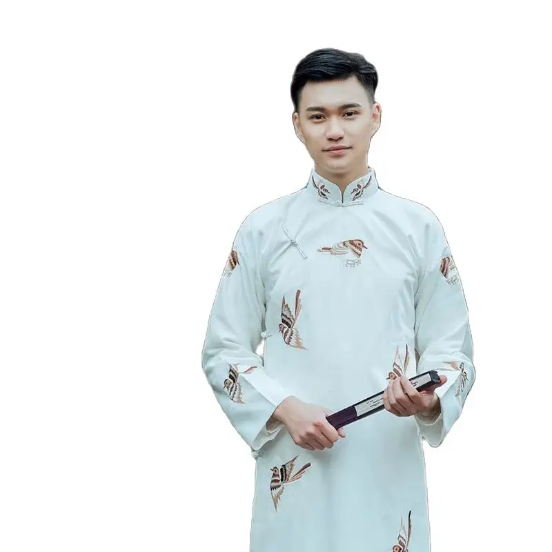 Ancient Costume Chinese Traditional Tang Suit Male Cheongsam Stand Collar Men's Long Robe Cotton Linen Embroidered  Gown