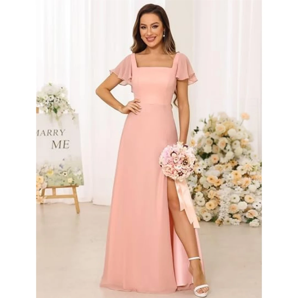 

Свадебные шифоновые длинные платья подружки невесты с квадратным вырезом для женщин, трапециевидное платье с рукавами, вечернее платье для выпускного вечера с разрезом по бокам, вечерние платья