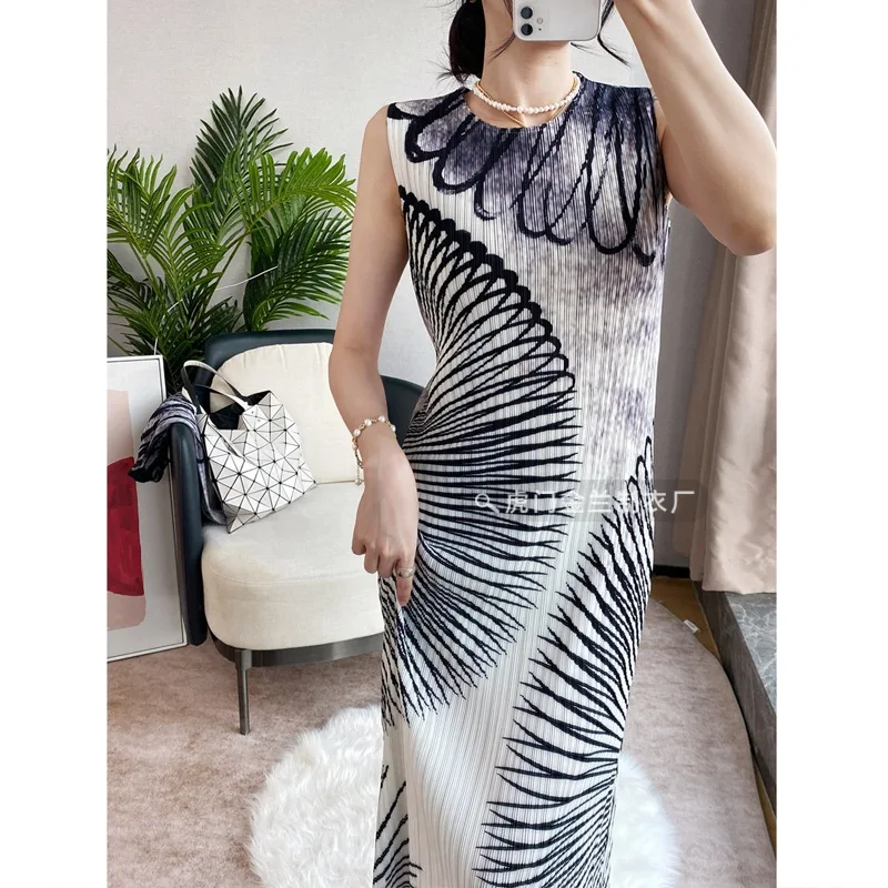 ALSEY Vest Dress 2025 Summer New Premium Feeling Temperament Miyake Pleated Cardigan Printed Women's Dress Fashion Two Piece Set