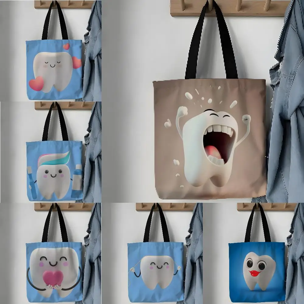 Storage Bags Pattern Tote Bag Aesthetic Canvas Shoulder Bag Lightweight Shopping Bag Cartoon Funny Teeth Anime
