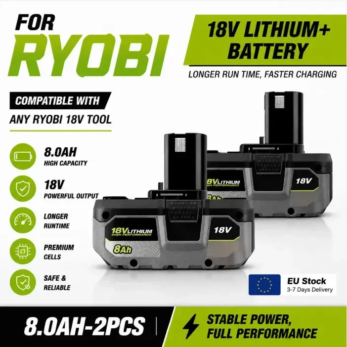 Batteria al litio ricaricabile RYOBI 18V 8.0Ah, versione aggiornata 2026, ad alta capacità e lunga durata, compatibile con tutti gli utensili della serie ONE+, disponibile in magazzino in Polonia,