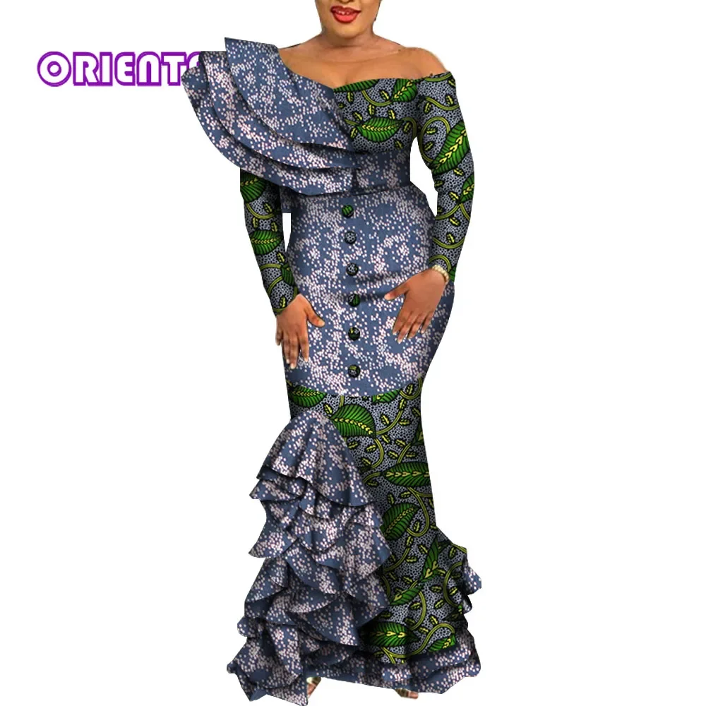 Elegante vestido bodycon africano feminino, Vestido longo sereia, Babados drapejados, Estampa africana Dashiki, Vestidos de noite, WY5995, 2022