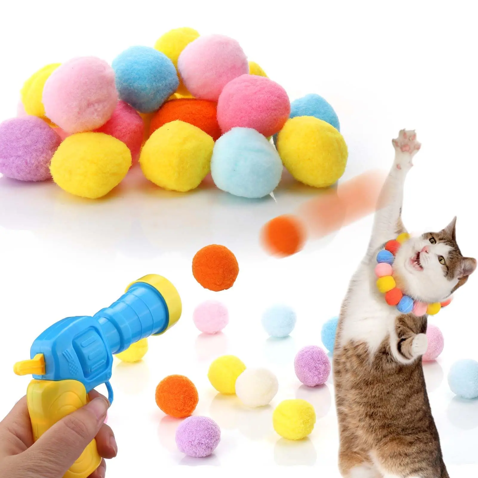 1 ensemble de jouets en peluche pour chat, lanceur en peluche, outil interactif silencieux, Mini pistolet de tir, jeux, balle en peluche extensible, fournitures pour animaux de compagnie