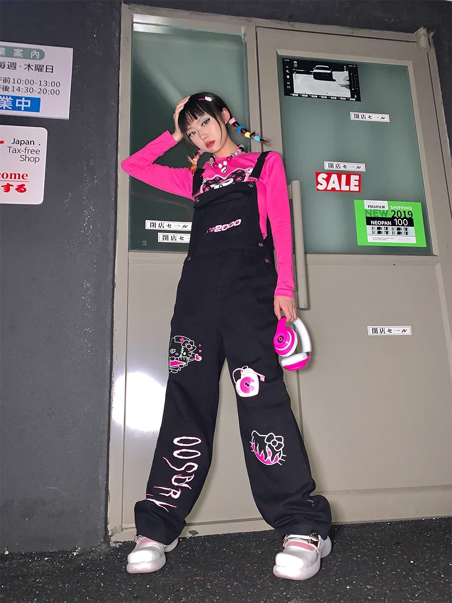 

Japanese Harajuku Overalls Loose Straight Hot Girl Cartoon Printed Sweet Cool Street Jeans Vintage Streetwear Jeans Woman