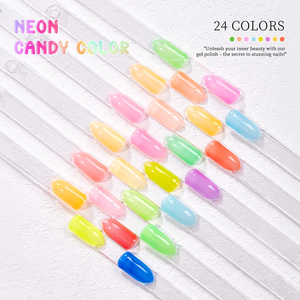 Vendeeni 24 Colors/set Fluorescence Red Yellow Green Gel Nail Polish UV LED Transparent Crystal Nail Varnish With Color Card